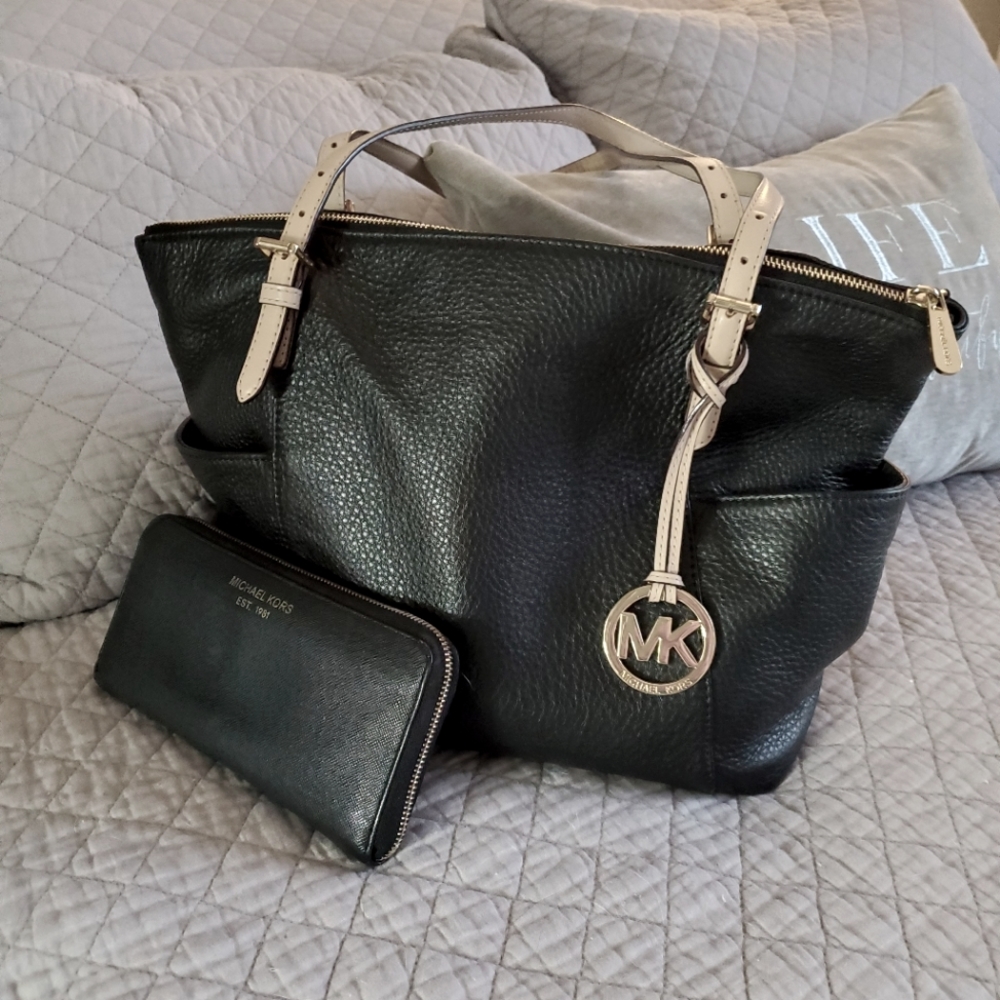MK tote and wallet black w/ gold hardware